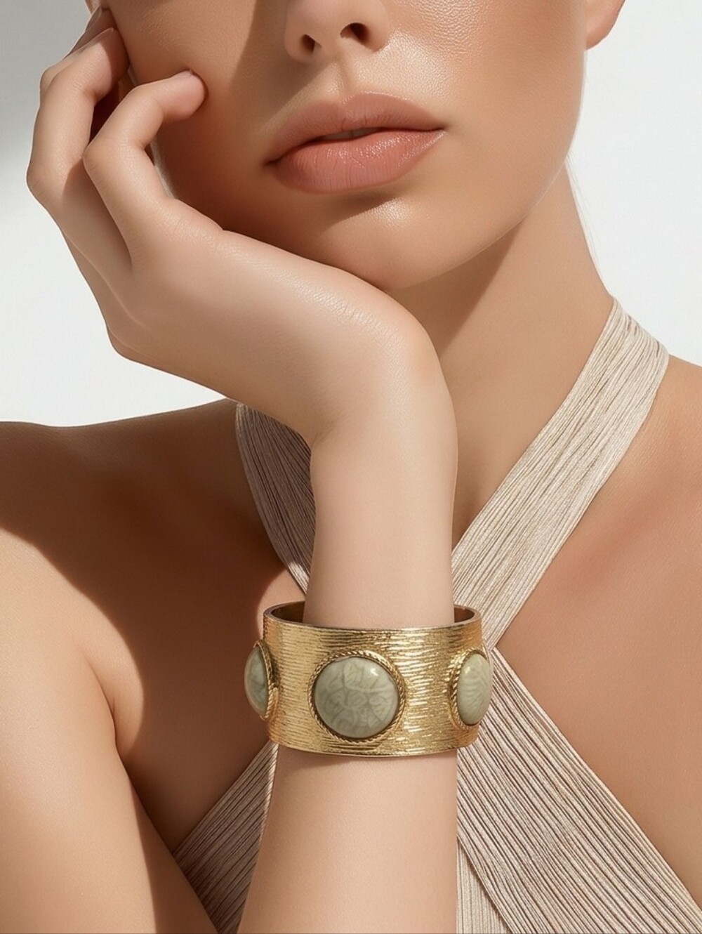 Vintage Gold Tone Light Mint Green Stone Cuff Bracelet Bangle Statement Piece